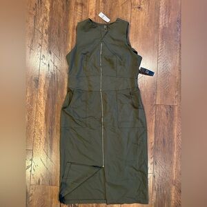 New York & Co. Petite 14 Green Front Zip Mid Length Dress with Pockets NWT